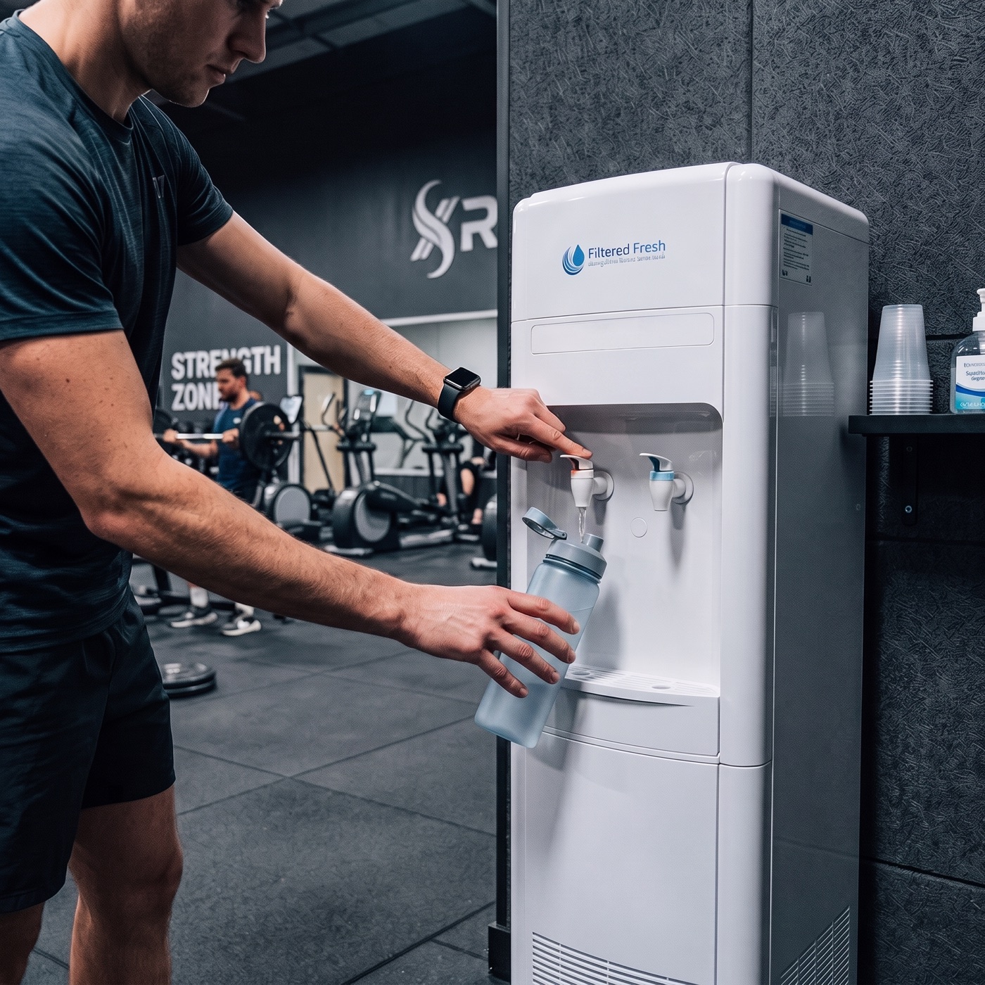 Gym member refilling a drink bottle from a Filtered Fresh cooler