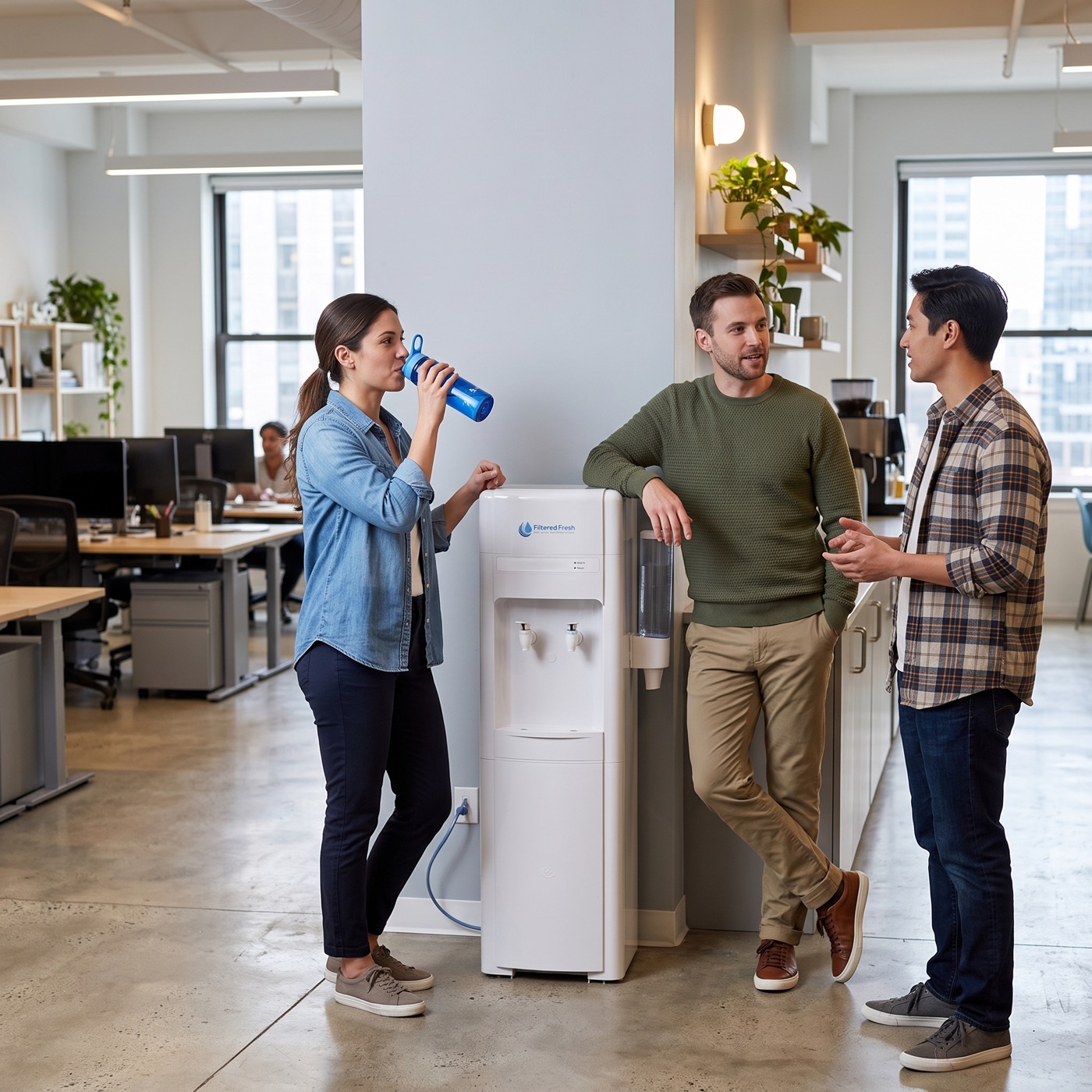 Team enjoying filtered water in a modern office