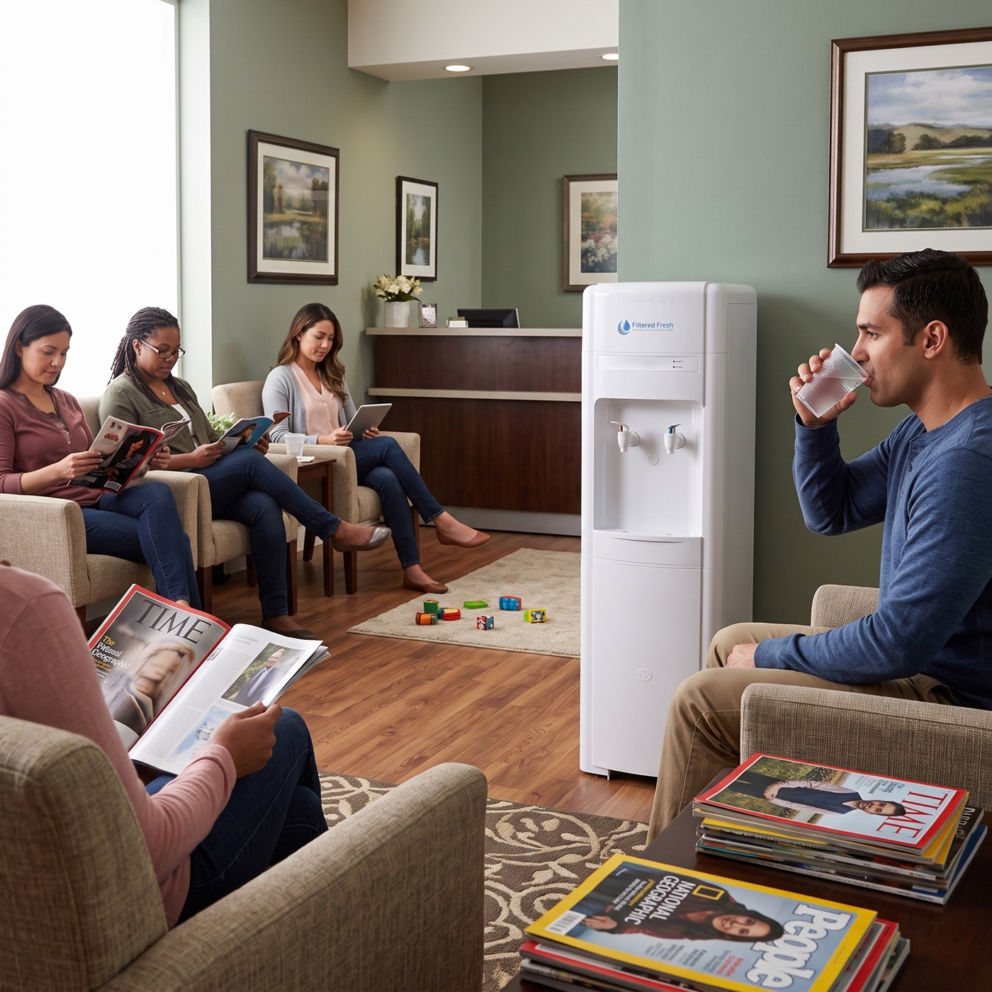 Patients enjoying filtered water in a waiting room