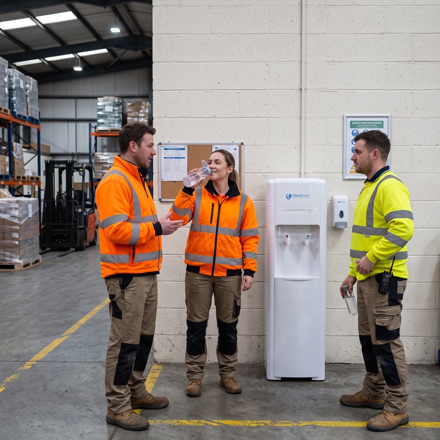 Warehouse crew drinking filtered water beside a Filtered Fresh cooler